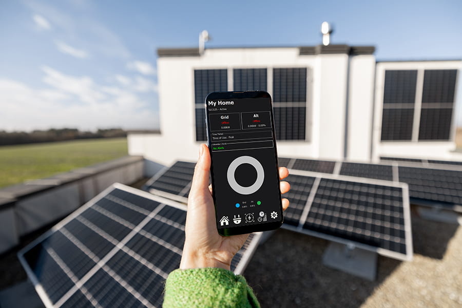 woman monitors energy production from the solar